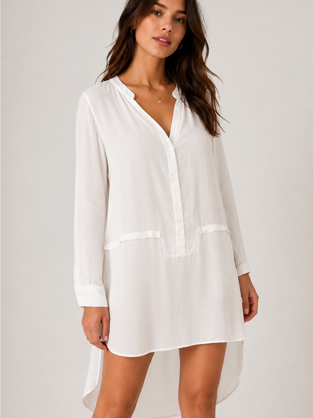 BCBGeneration White Long Sleeve Tunic Shirt Dress High Low Hem Size L